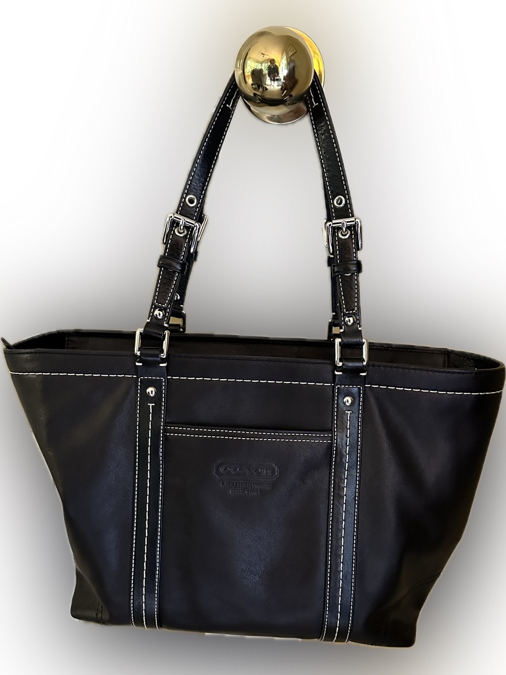 Coach Black Leather Tote with White Contrast Stitching